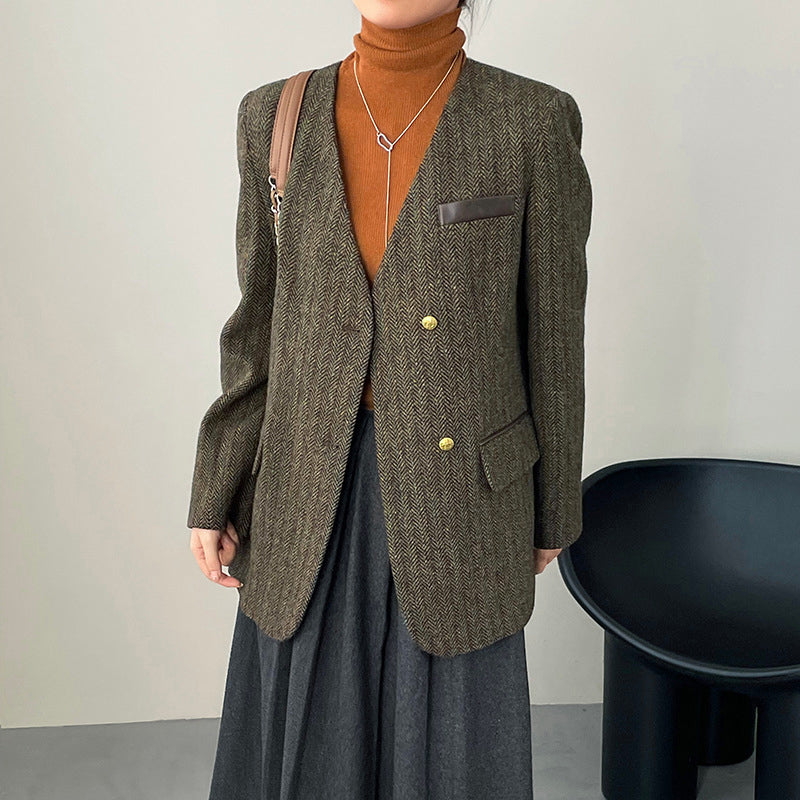 Damska marynarka wełniana w jodełkę z podwójnym zapięciem – elegancja w stylu vintage