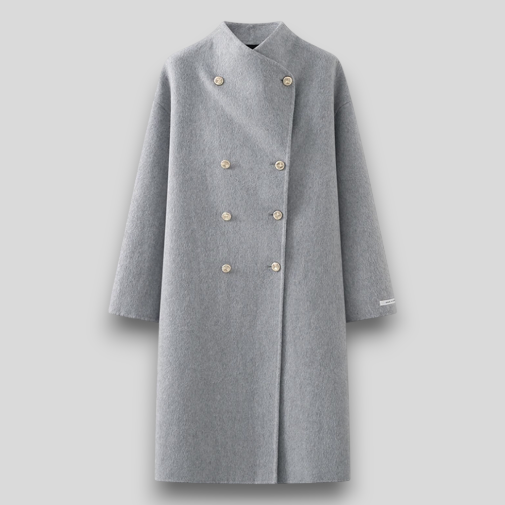 Damski wełniany płaszcz dwurzędowy o prostym kroju