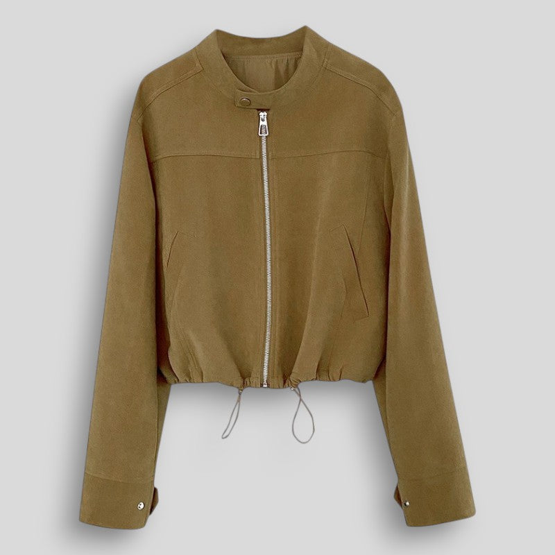 Damska krótka kurtka z wysoką stójką i zamkiem – styl casual