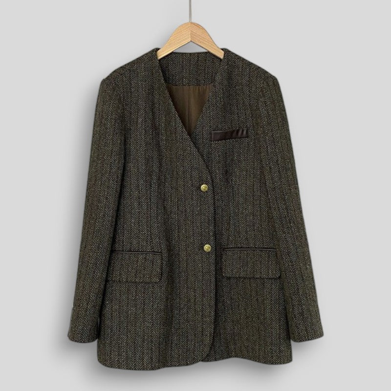 Damska marynarka wełniana w jodełkę z podwójnym zapięciem – elegancja w stylu vintage