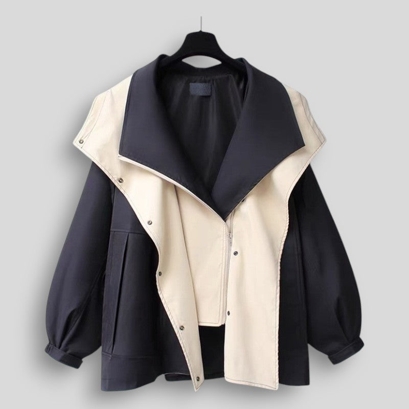 Damska kurtka z kontrastowym panelem i szerokim kołnierzem