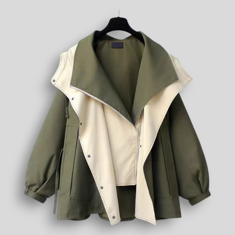 Damska kurtka z kontrastowym panelem i szerokim kołnierzem