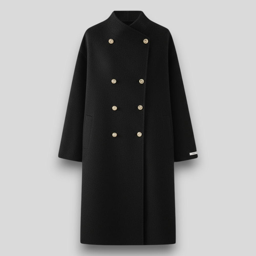 Damski wełniany płaszcz dwurzędowy o prostym kroju